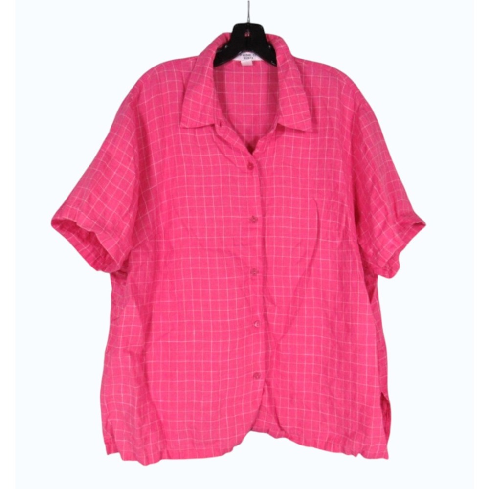JOSEPHINE CHAUS WOMAN Pink w/White PLAID Button-Up LINEN Shirt/Top Sz 2/2X